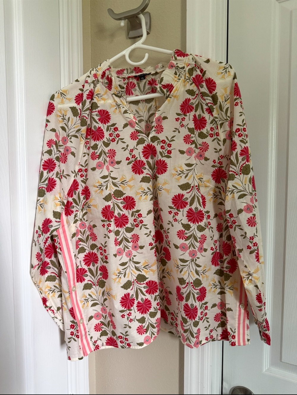 Talbots Cream Floral V-Neck Tunic with Red and Pink Blooms
